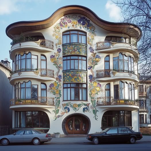 Ornate Art Nouveau building with curved balconies and colorful floral mosaics on facade