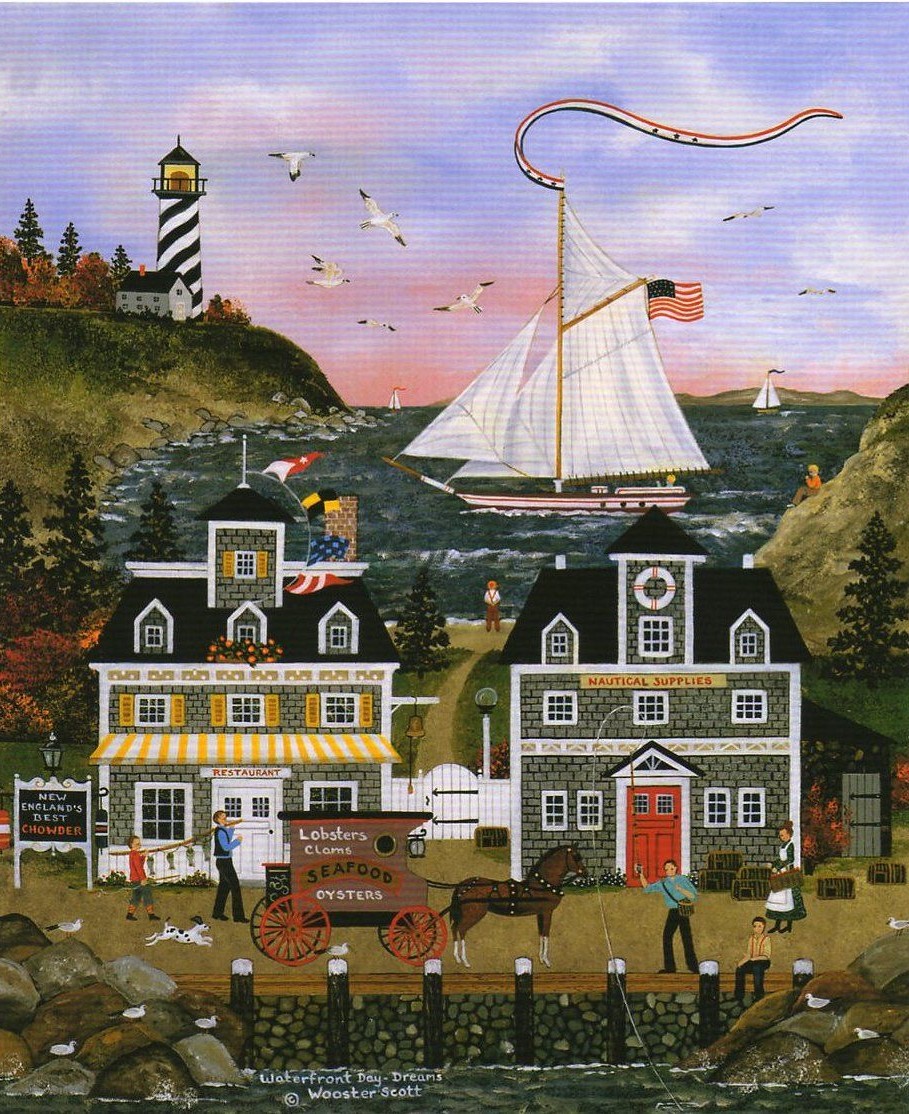 Naive folk art painting of a busy waterfront harbor with boats, docks, and figures