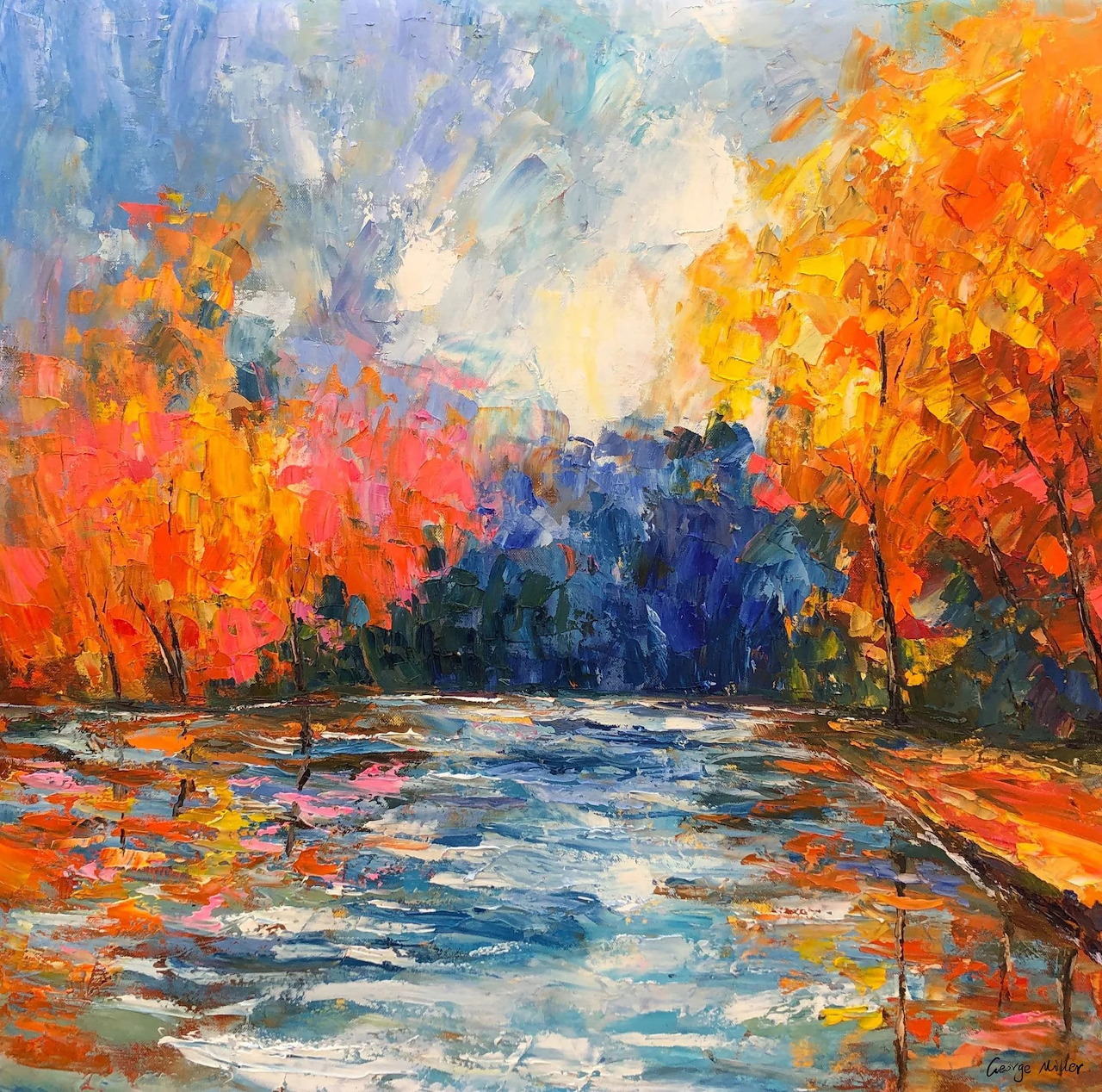 Impressionist painting of orange autumn trees along a blue river