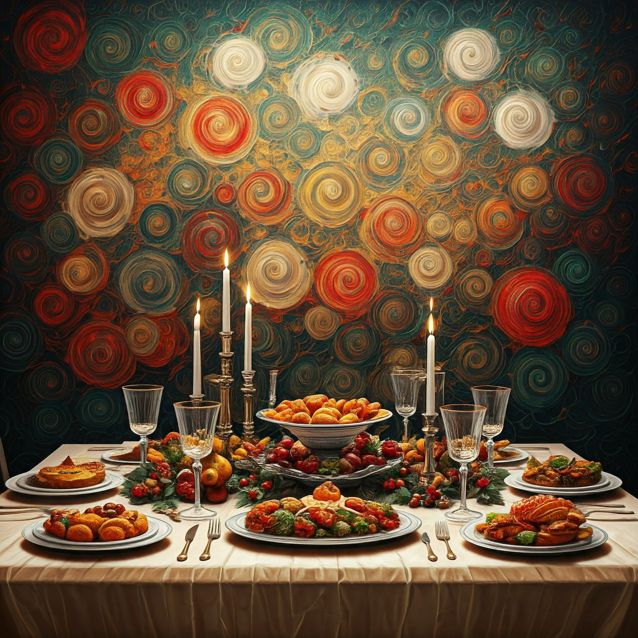 Elegant dinner table with candles, multiple plated meals, wine glasses, and colorful spiral pattern wall