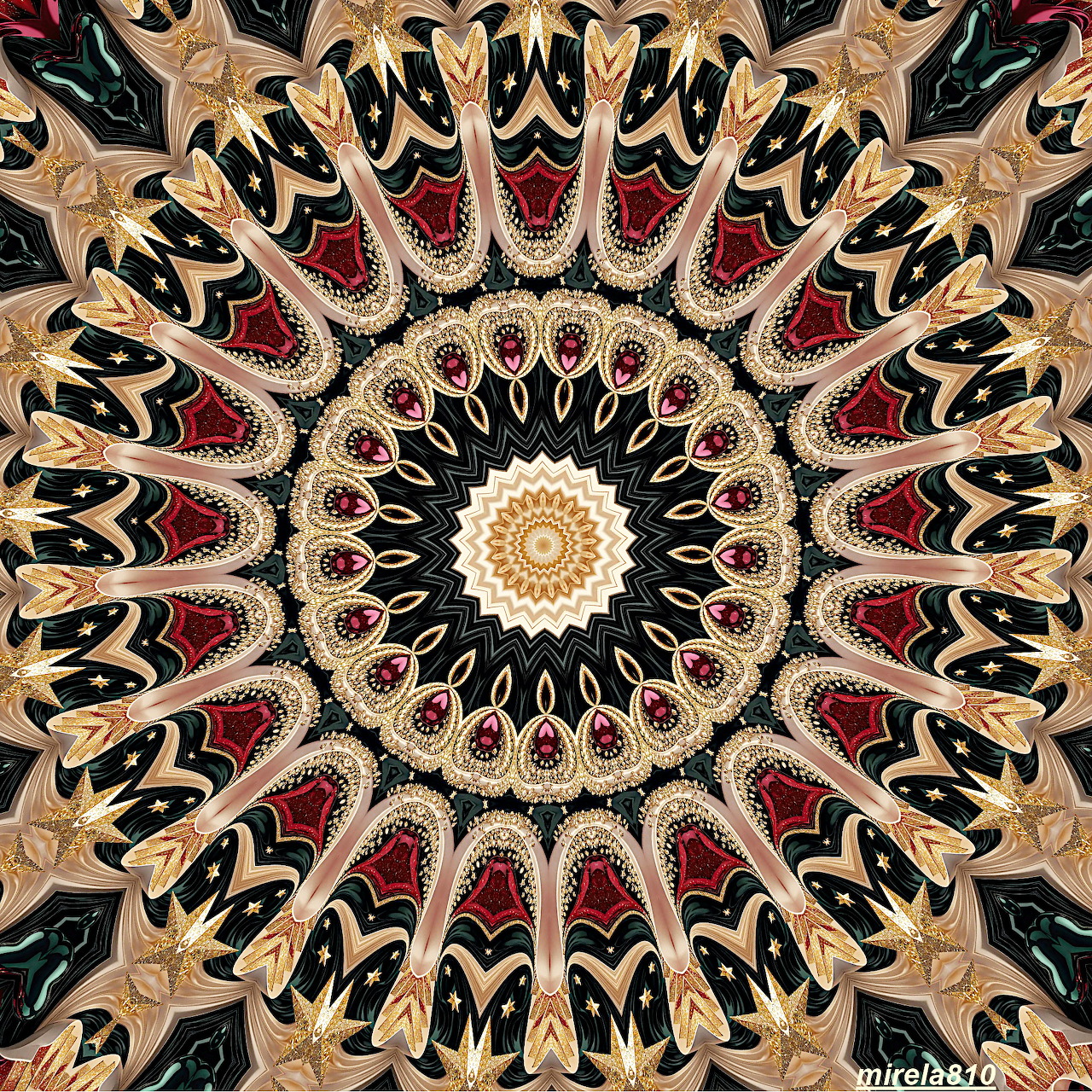 Detailed mandala with symmetrical geometric patterns in warm earth tones and black