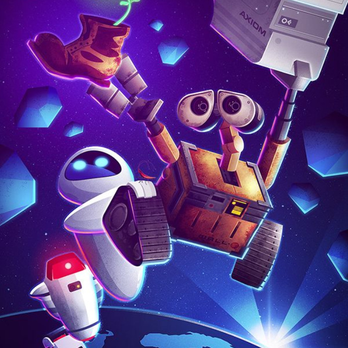 Illustration of WALL-E and EVE floating in space above Earth with blue glowing crystals
