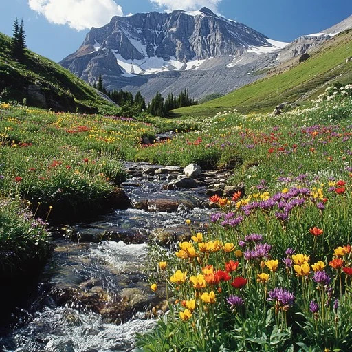 Stream flowing through wildflower alpine meadow with mountain peaks and glacier backdrop