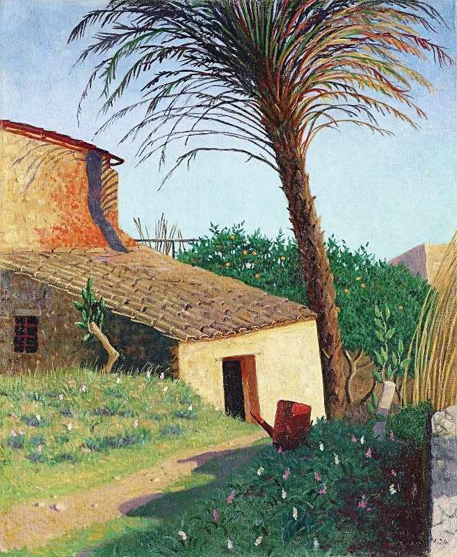 Painting of a rustic house and tall palm tree beside a garden path