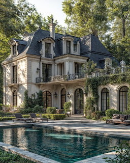 French provincial mansion with arched windows, wrought iron balconies, and a large outdoor pool surrounded by trees