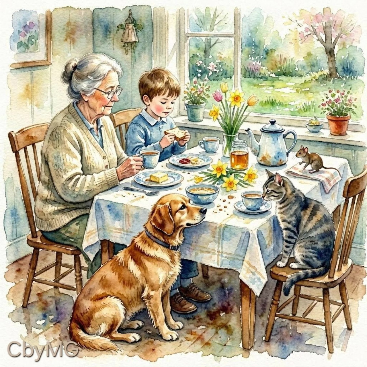 Watercolor scene of a grandmother and boy at a table with a dog, cat, and mouse in a cozy kitchen