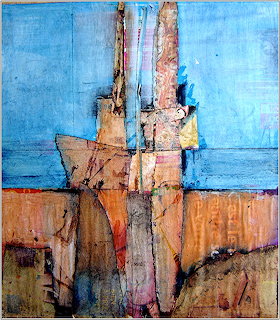 Abstract painting with blue sky-like upper section and warm orange-brown lower section divided by vertical geometric forms