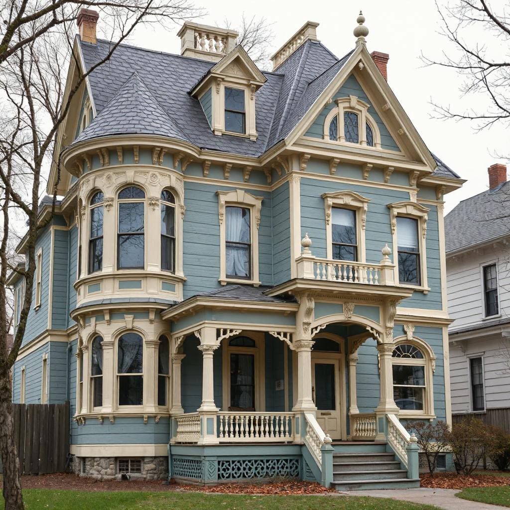 Blue Victorian house with ornate trim, bay windows, and a front porch