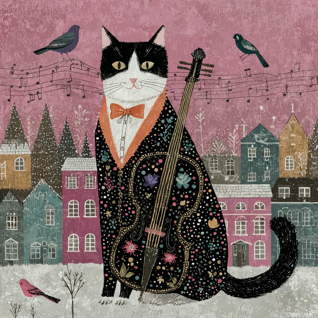 Black-and-white cat in ornate clothing with a string instrument, birds, musical notes, and snowy village houses