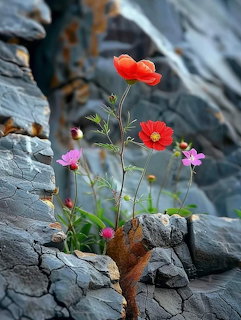 Red poppies and pink cosmos flowers growing between dark grey rocks