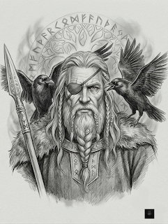 Black-and-white drawing of a Viking warrior with an eyepatch, spear, ravens, and a runic circle behind him
