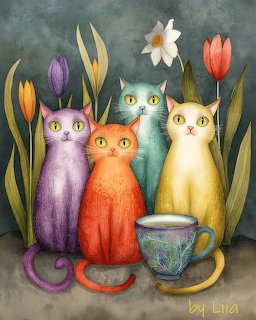 Colorful Cats with Tulips