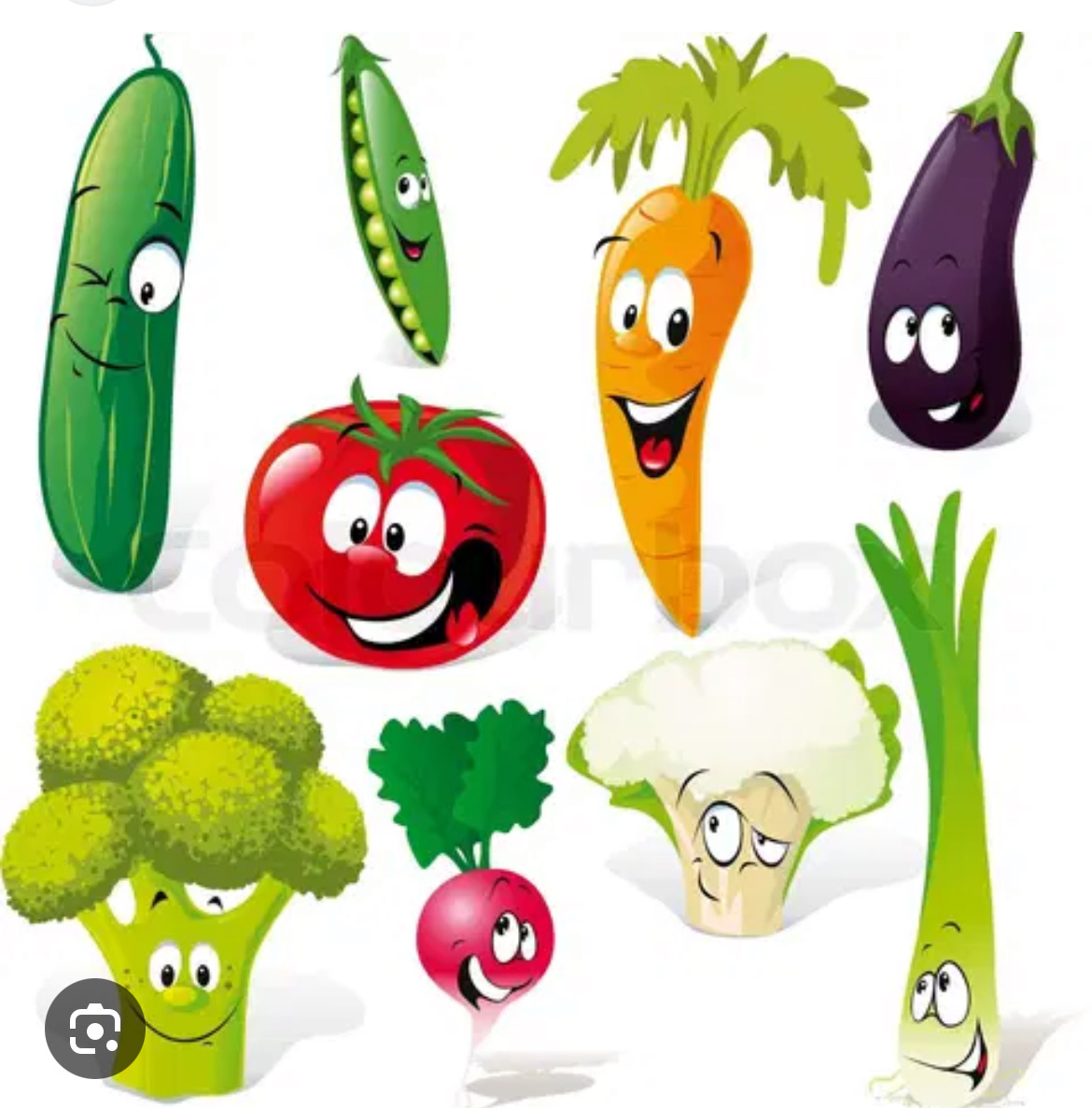 Cartoon vegetables with smiling faces on a white background