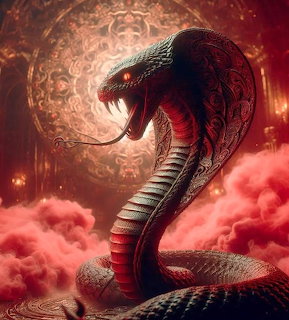 Red cobra snake with flared hood coiled against dark background