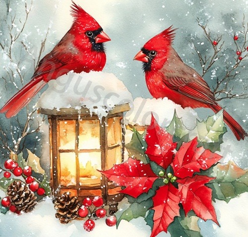 Two red cardinal birds on a glowing lantern with poinsettias, pinecones, and snow in a festive winter setting