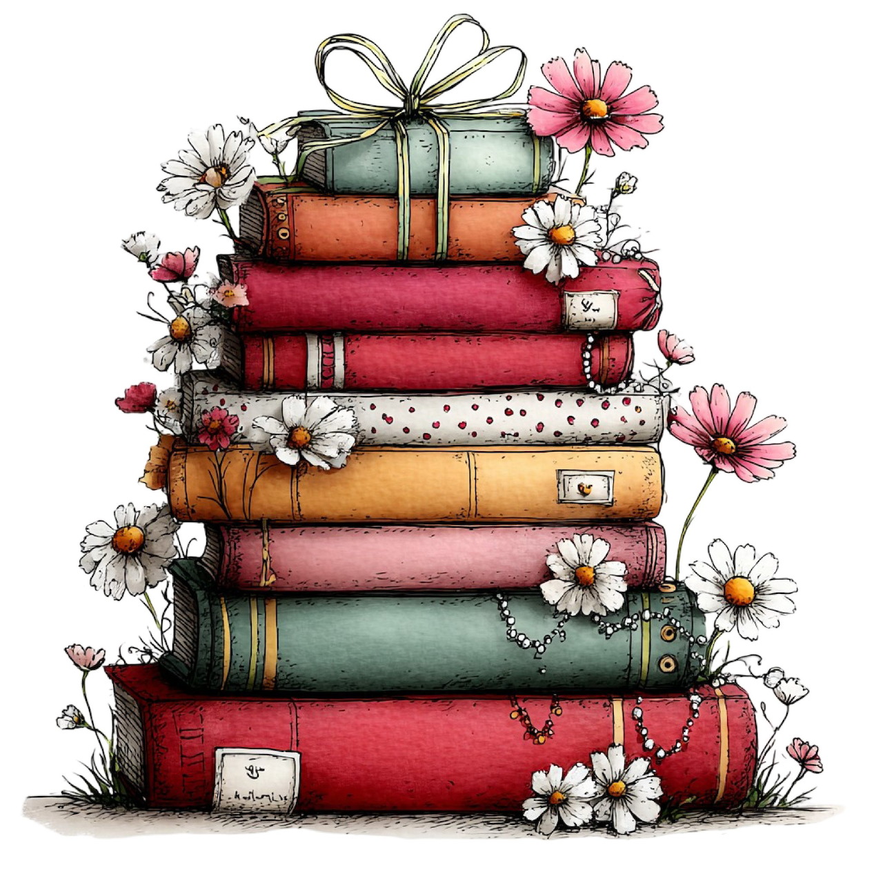 Stack of colorful books decorated with daisies and pink flowers, topped with a green ribbon bow