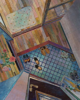Overhead view of illustrated Japanese bathroom with blue tiles, wooden walls, plants, and entrance area with shoes