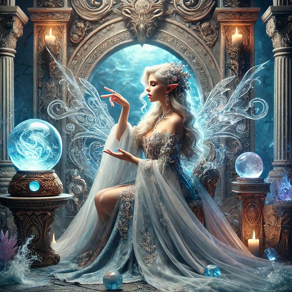 Fantasy fairy with delicate wings seated in ornate palace with glowing magical orbs and candles