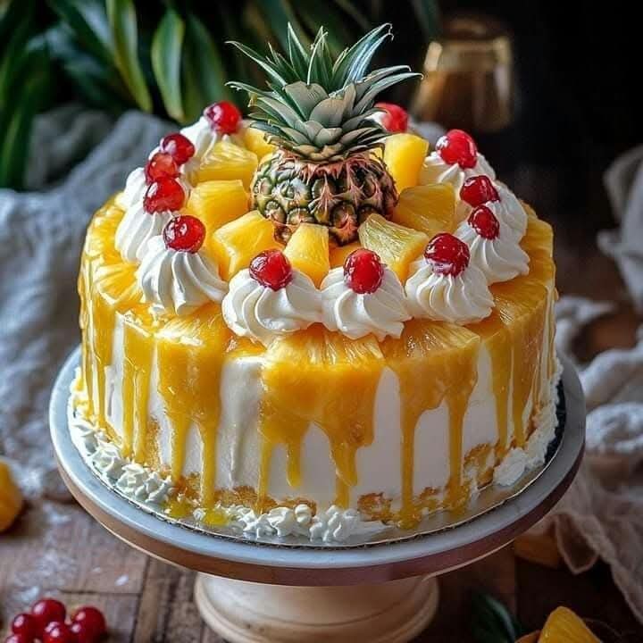 Round layered cake topped with pineapple slices, whipped cream rosettes, red cherries, and a small pineapple crown
