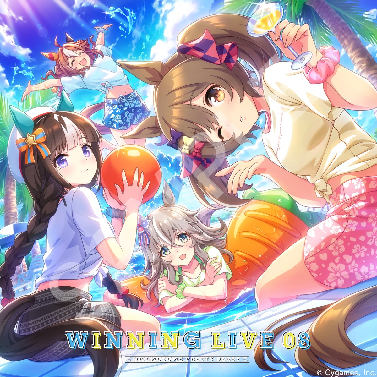 Anime horse-eared girls in swimsuits playing at a tropical beach with a colorful ball and palm trees
