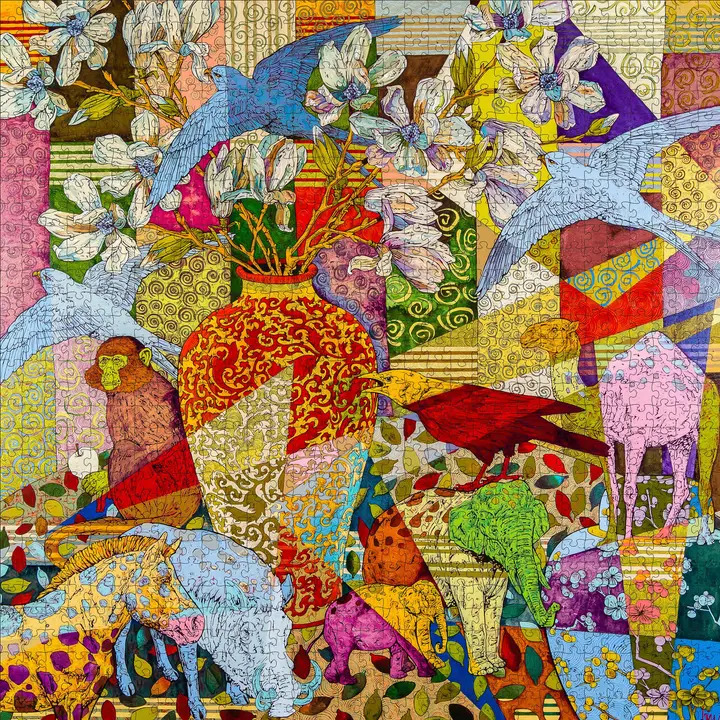 Colorful abstract collage with flowers, birds, animals, and patterned decorative shapes