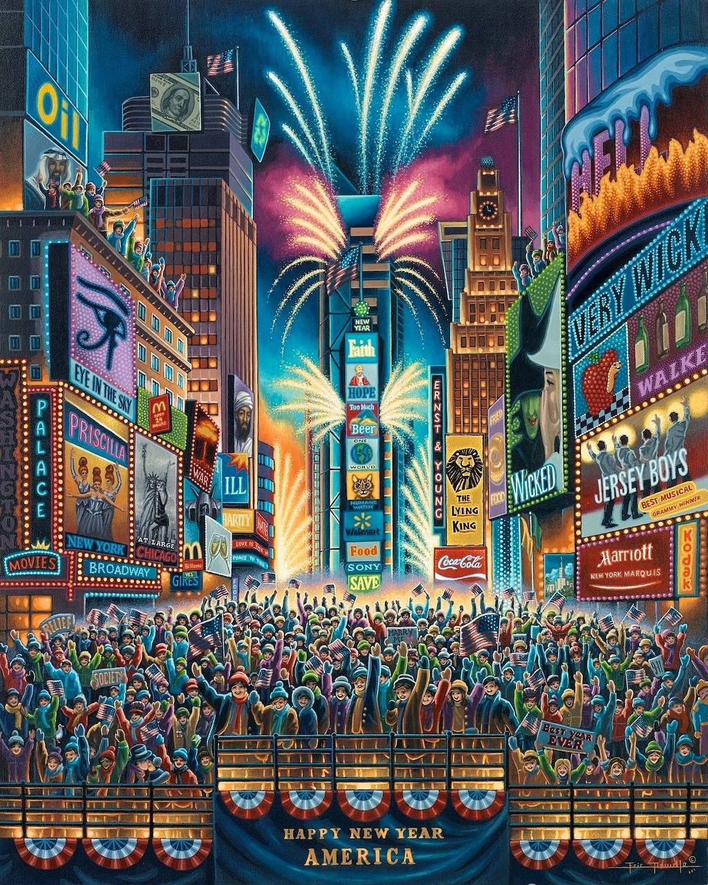 Colorful folk art painting of crowded Times Square at night with fireworks and bright neon signs