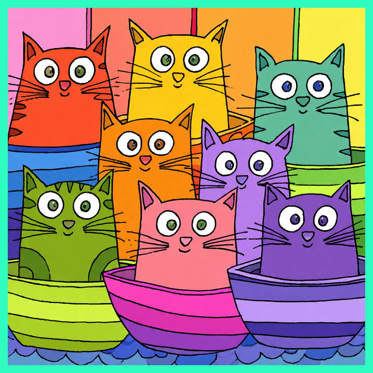 Seven cartoon cats in bright colors sitting in striped boats