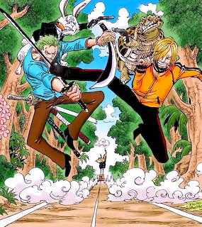 ONE PIECE anime characters jumping in action poses with vibrant costumes and green foliage background