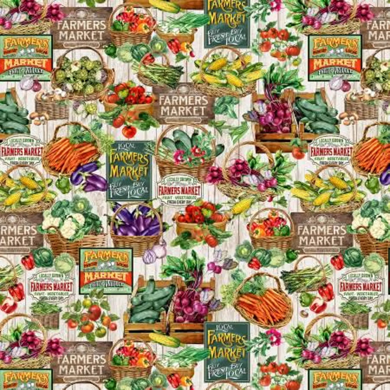 Colorful collage of farmers market signs and assorted vegetables in a vintage illustration style