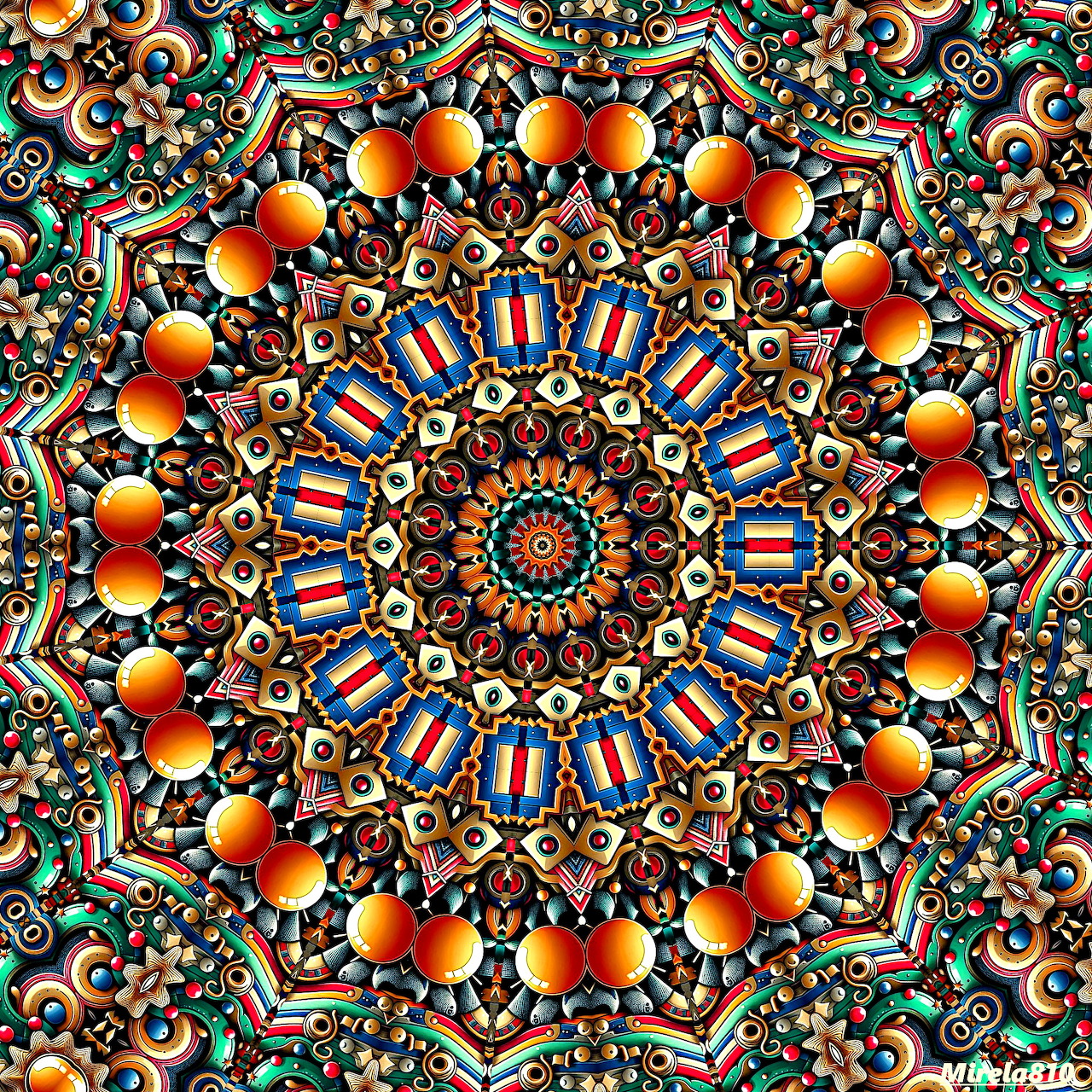 Colorful symmetrical mandala with orange spheres and blue geometric patterns on detailed ornamental background