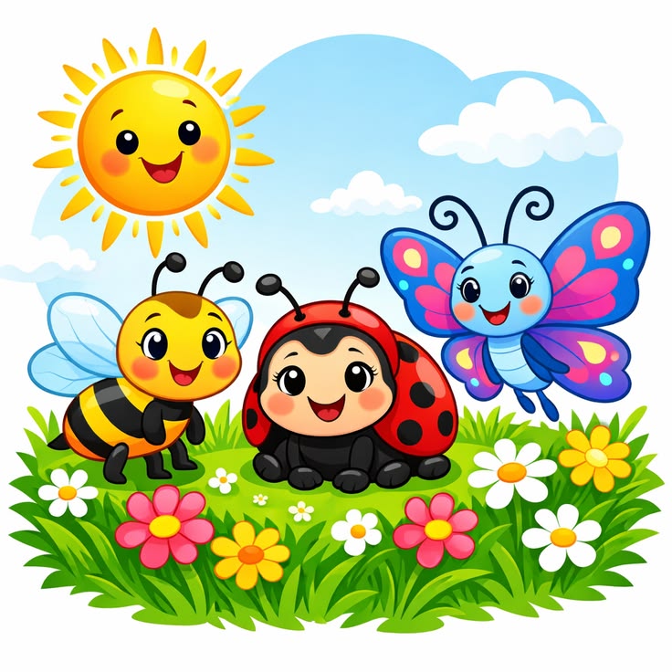Cute cartoon bee, ladybug, and butterfly characters smiling in a garden with colorful flowers and sunshine