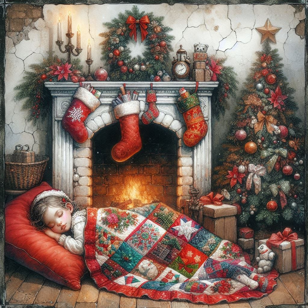 Child sleeping by fireplace with Christmas tree, stockings, wreath, and presents in cozy holiday room