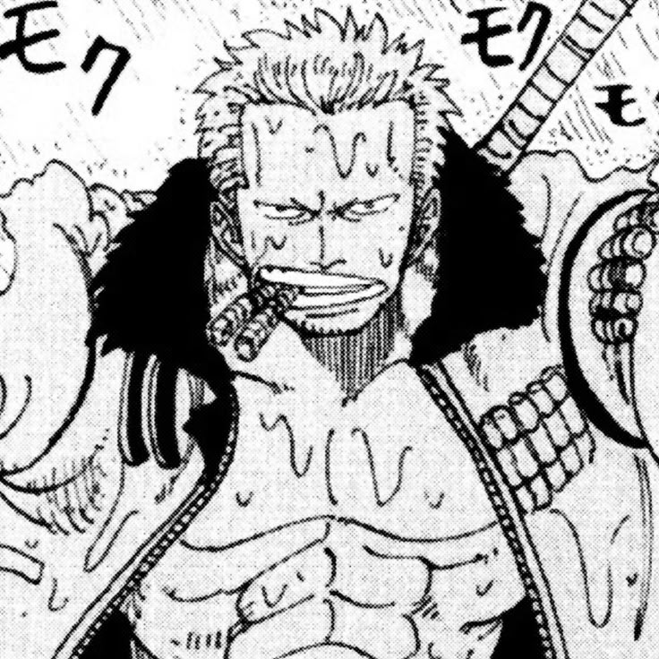 Black-and-white anime man smoking a cigar, shirtless with a fur-collared coat