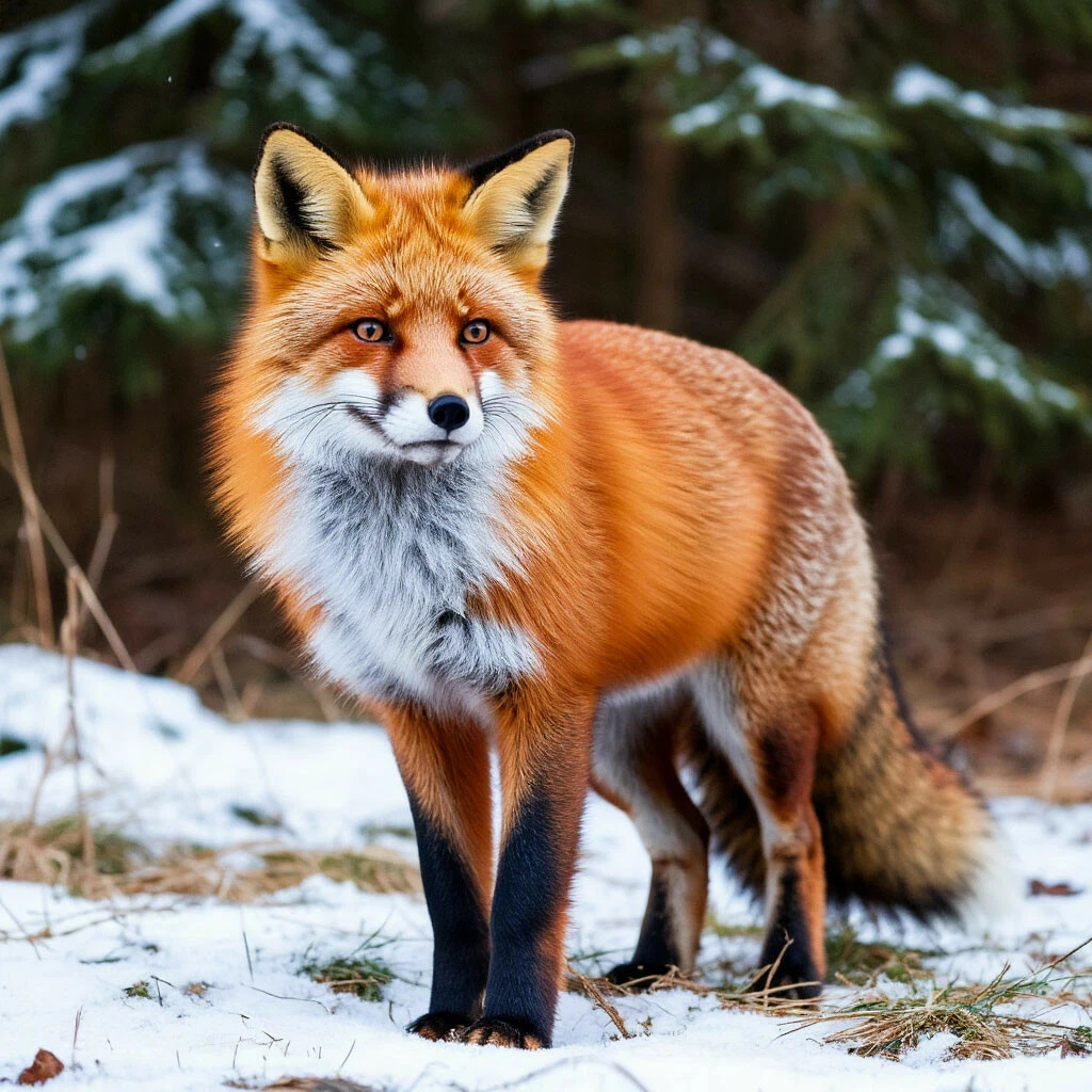 Red fox with orange fur standing on snowy ground in winter forest