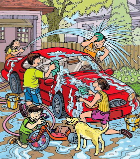 Cartoon children washing red car with hoses and buckets while dog watches