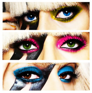 Three close-up eye makeup looks with bold blue, pink, yellow, and black colors