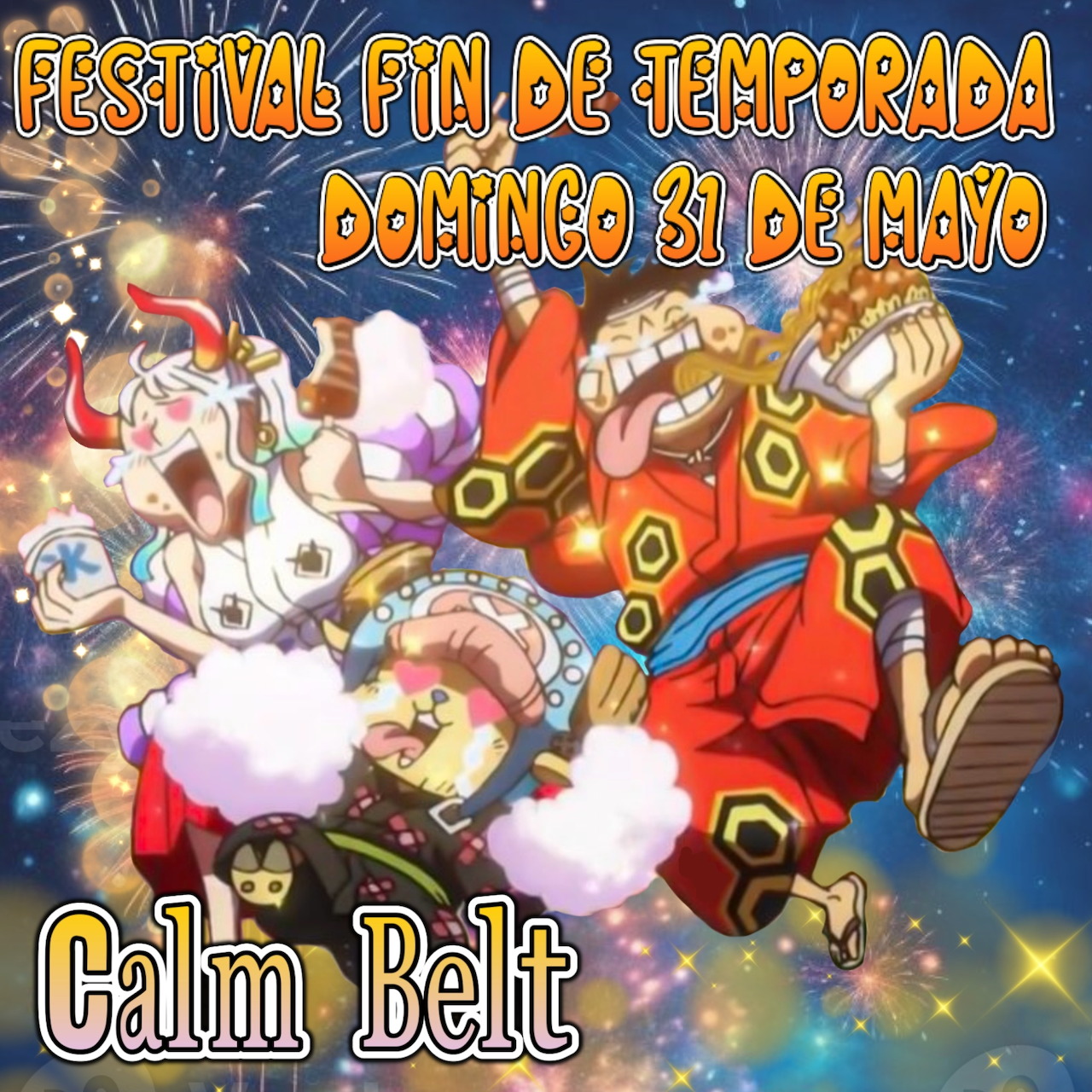 Colorful anime poster showing One Piece characters celebrating at a festival with fireworks in the background