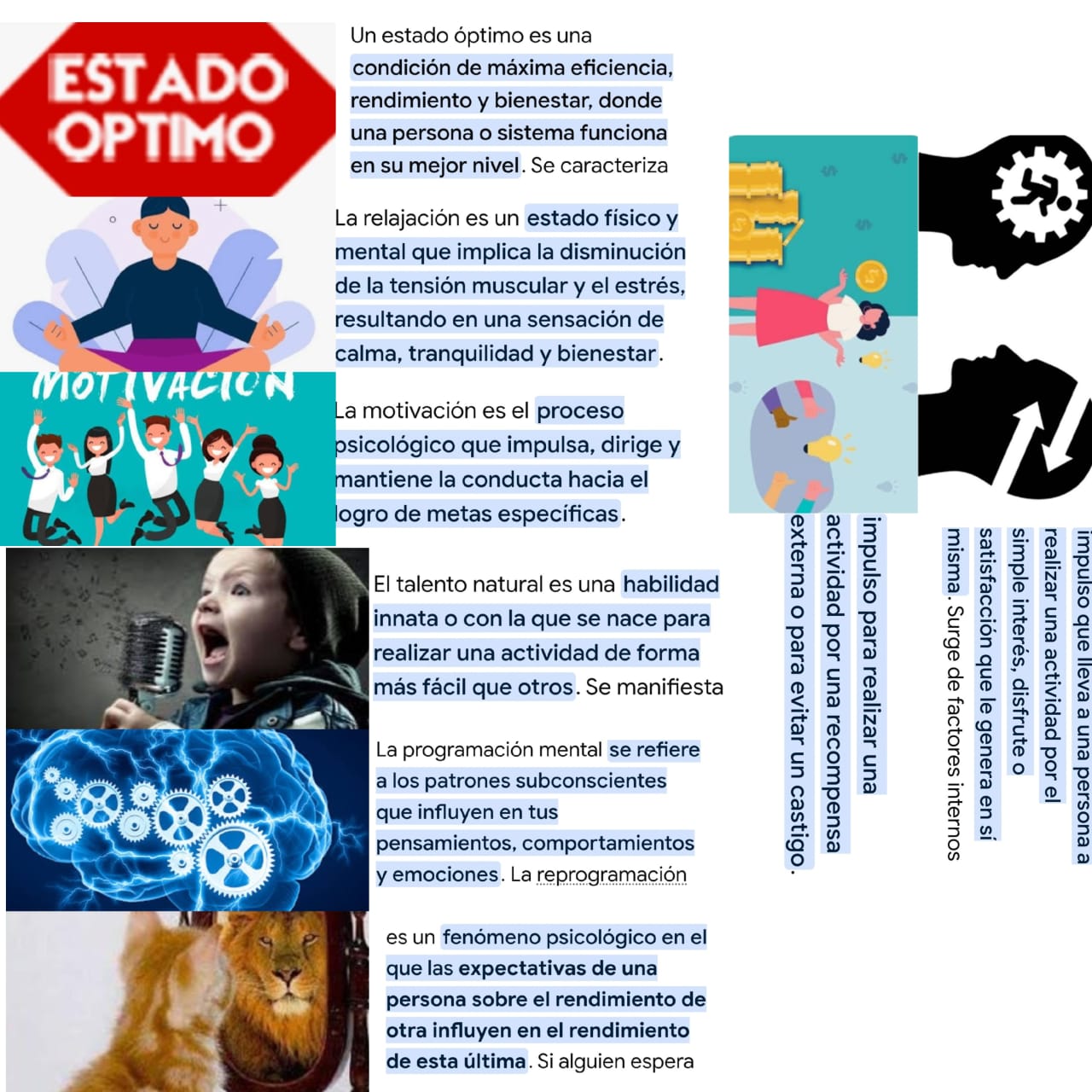 Collage infographic with Spanish text, illustrations, a singing woman, blue brain graphic, and a lion