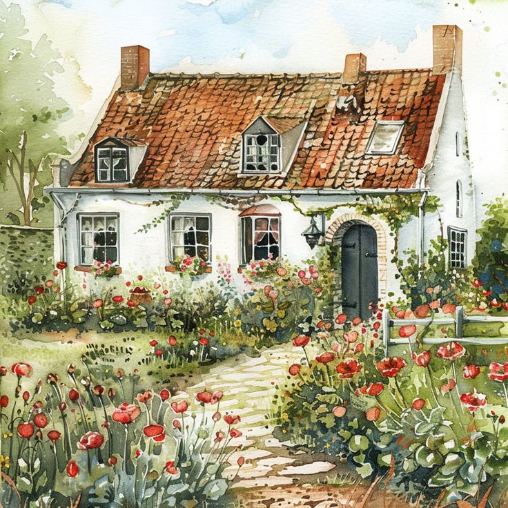 Watercolor painting of white cottage with orange roof and colorful flower garden in front