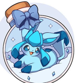 Glaceon Pokémon character with blue bow in circular frame, surrounded by ice crystals