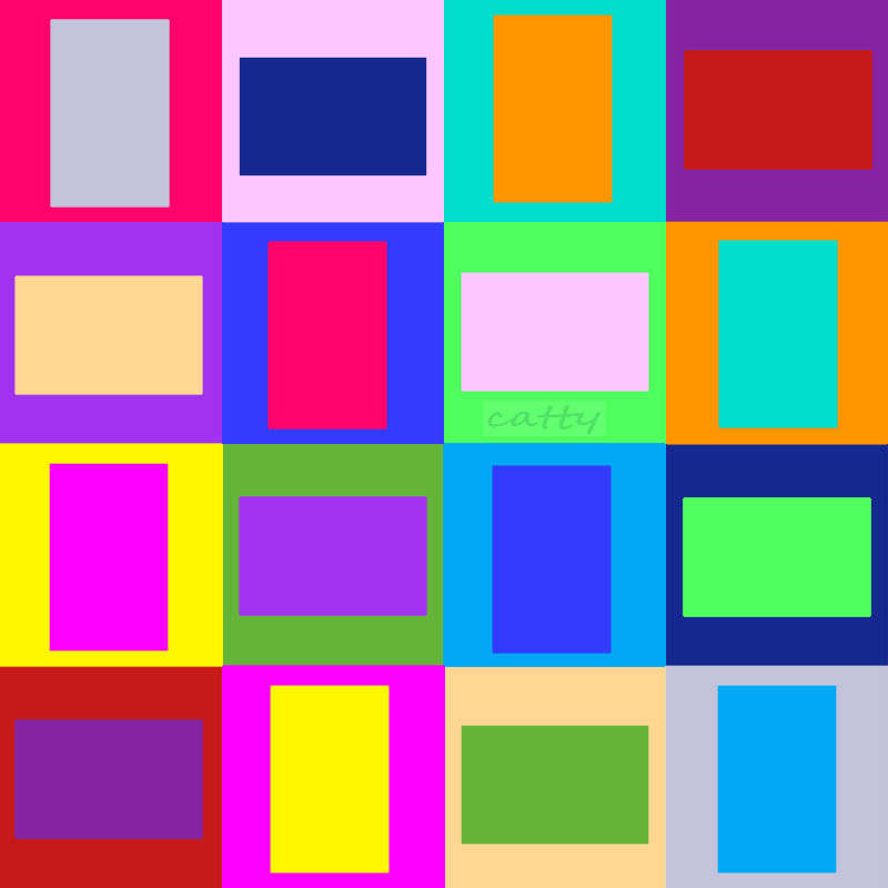 Grid of bright colored rectangles in red, blue, yellow, green, purple, orange, and pink on varied backgrounds