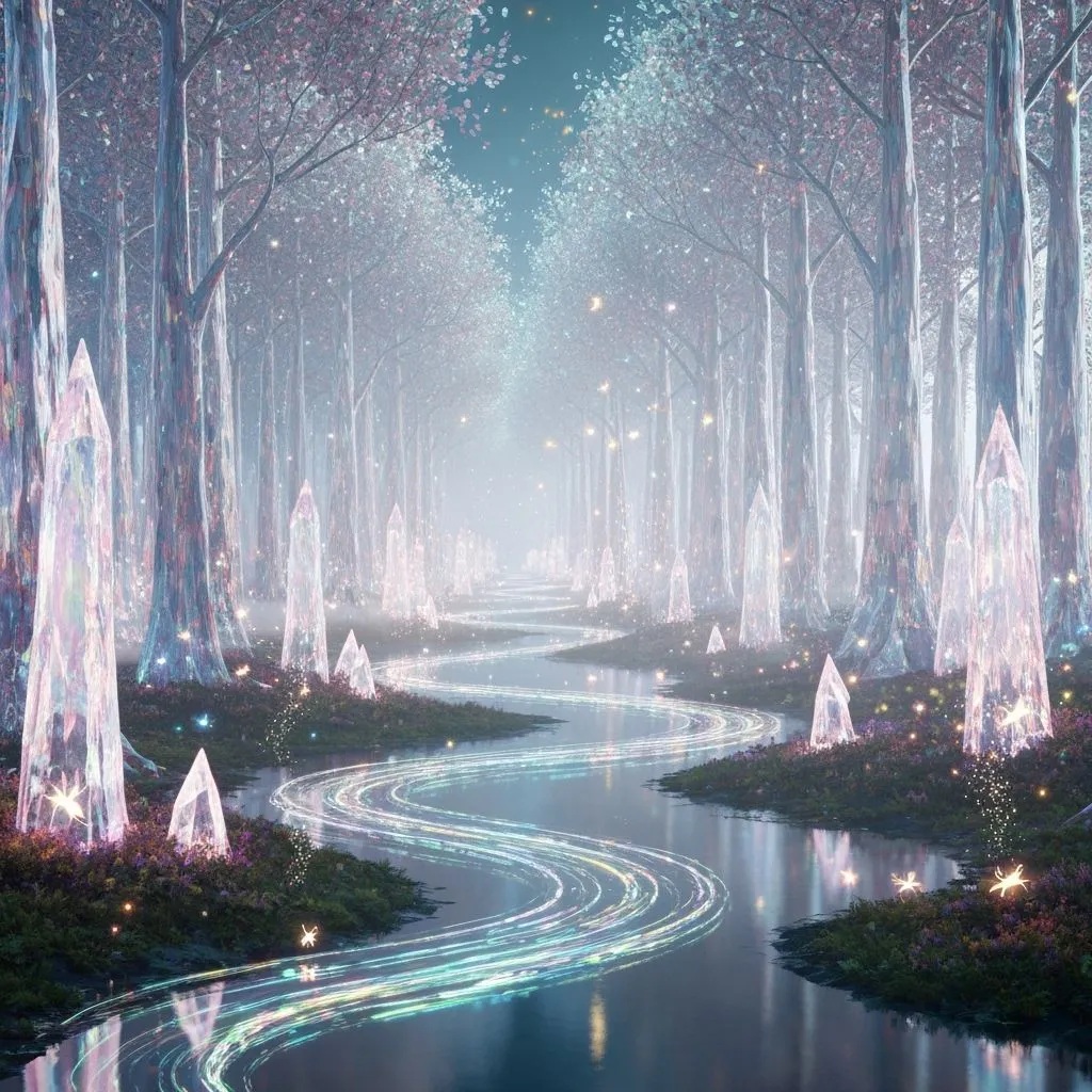 Mystical forest with luminous crystal trees lining a glowing stream under soft ethereal light
