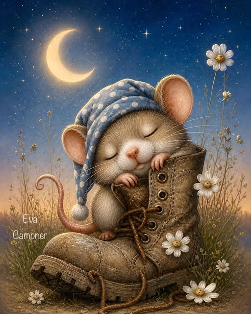 Illustrated sleeping mouse curled in an old boot under a crescent moon with daisies around it