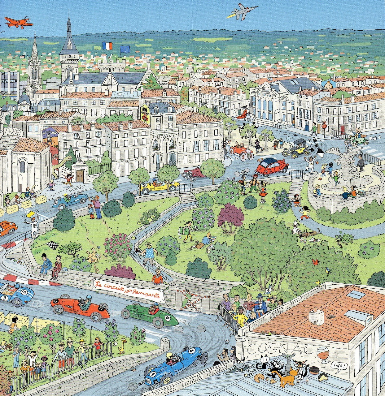 Detailed illustration of vintage car rally in Angoulême city with spectators and historic architecture