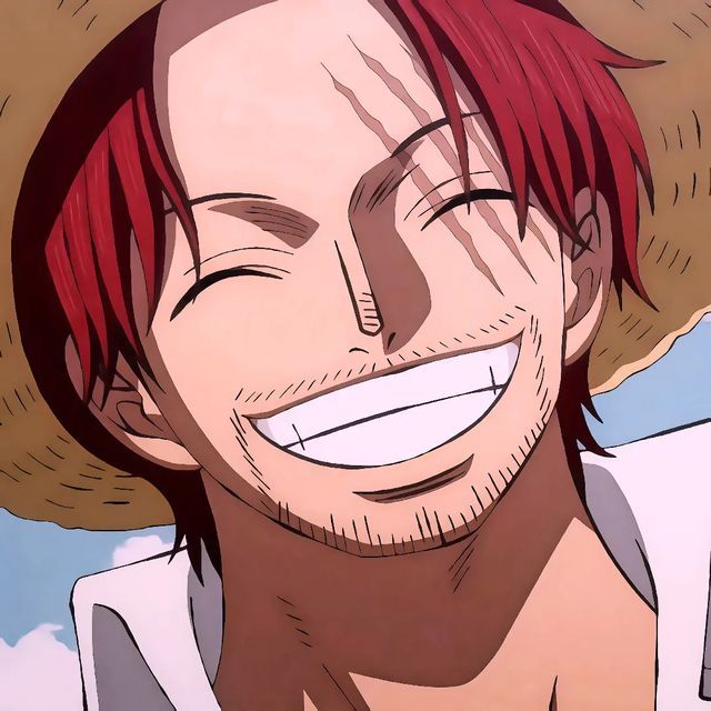 Anime character Shanks with red hair, straw hat, and wide smile showing facial scar
