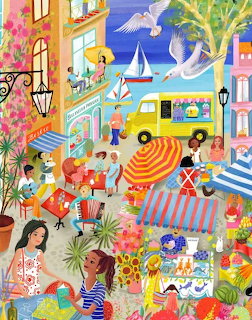 Vibrant illustrated coastal market scene with people, striped umbrellas, flowers, and sailboats