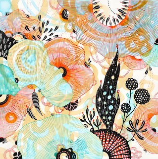 Abstract painting with radiating floral patterns in warm orange and cool turquoise colors with detailed organic shapes