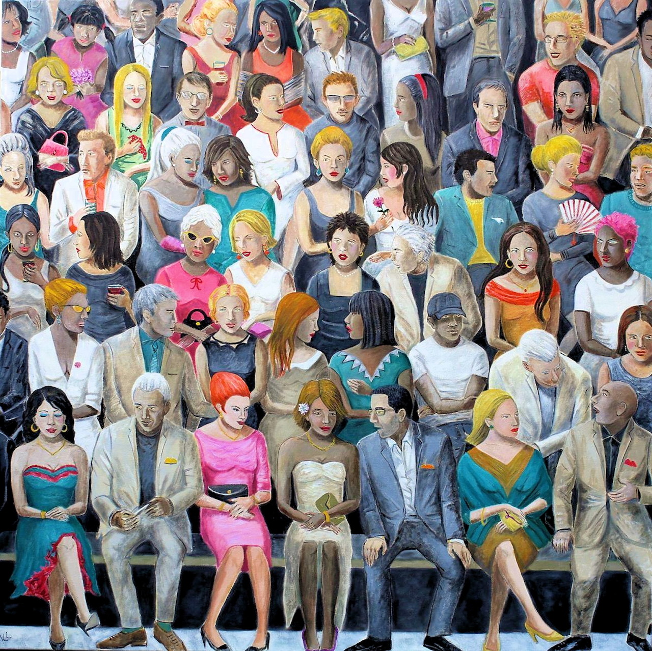 Painting of a crowded audience seated in rows, with many people wearing colorful outfits