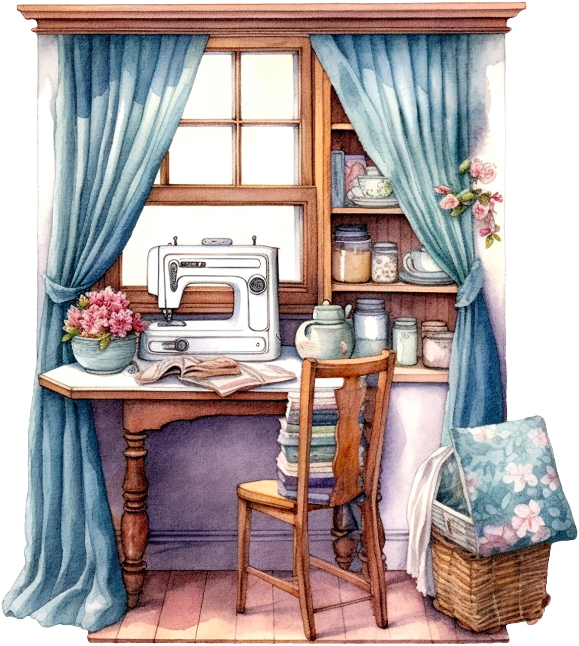 Watercolor illustration of cozy sewing room with sewing machine, wooden desk, blue curtains, and wicker basket