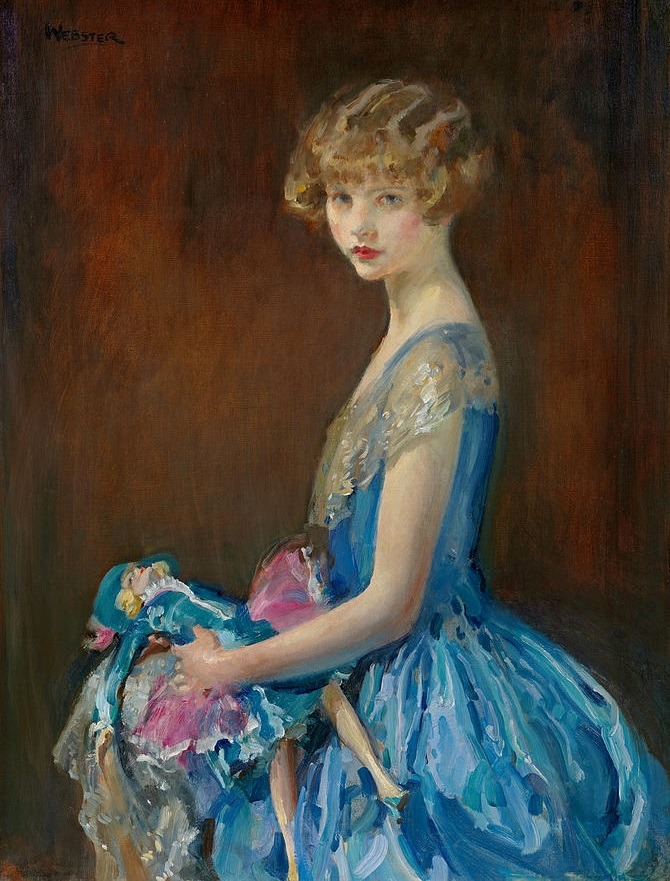 Portrait painting of young woman in blue dress holding ornate doll